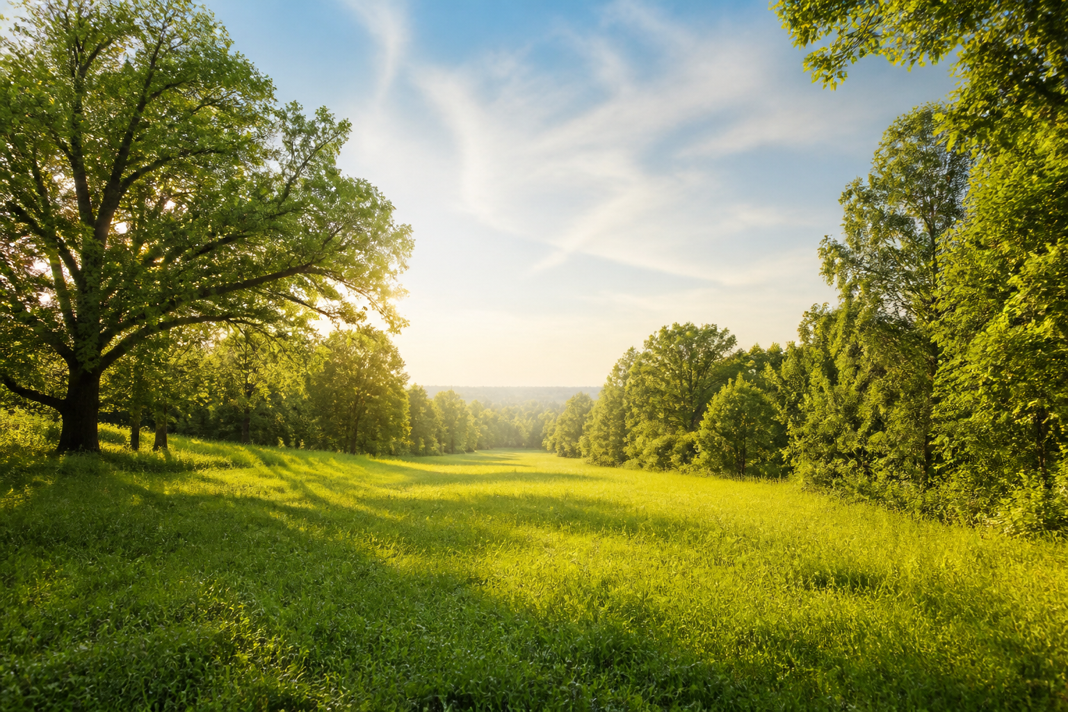 Sunlit meadow bordered by trees under a clear sky
