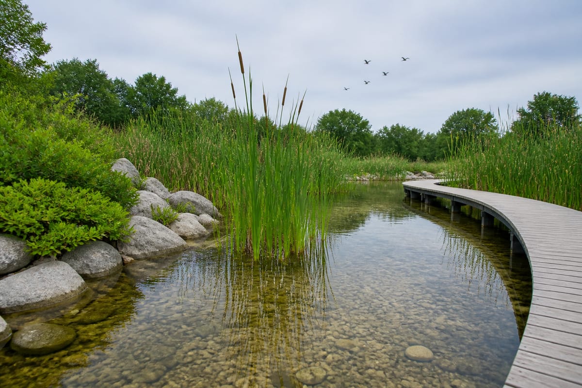 Constructed wetland with reeds, clear shallow water, and a wooden boardwalk