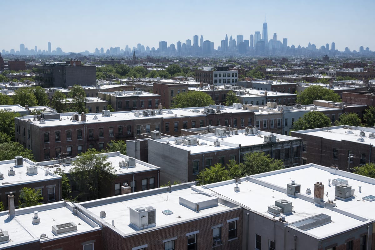 Urban rooftops coated in reflective white cool-roof material