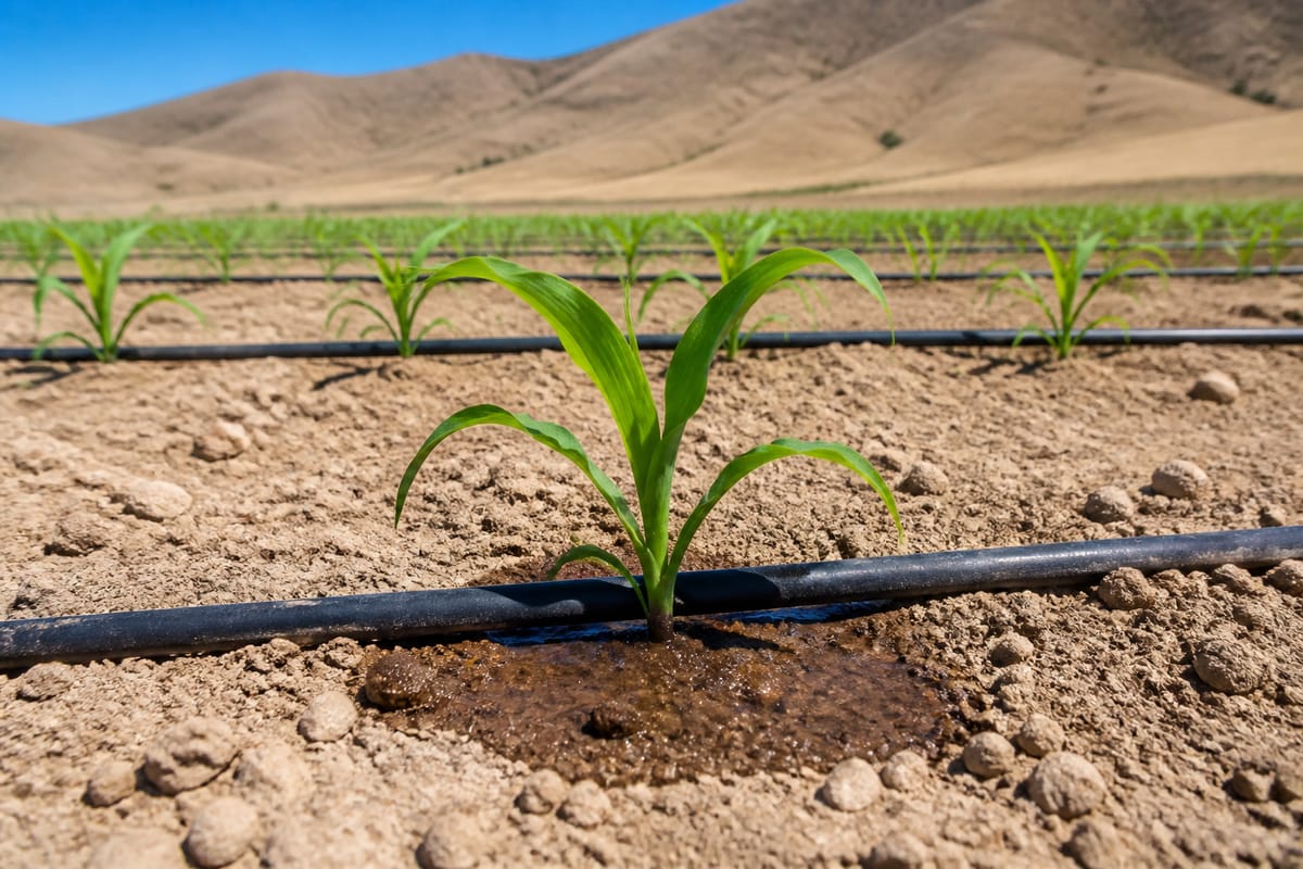 Young corn plant in dry soil watered by a black drip-irrigation line