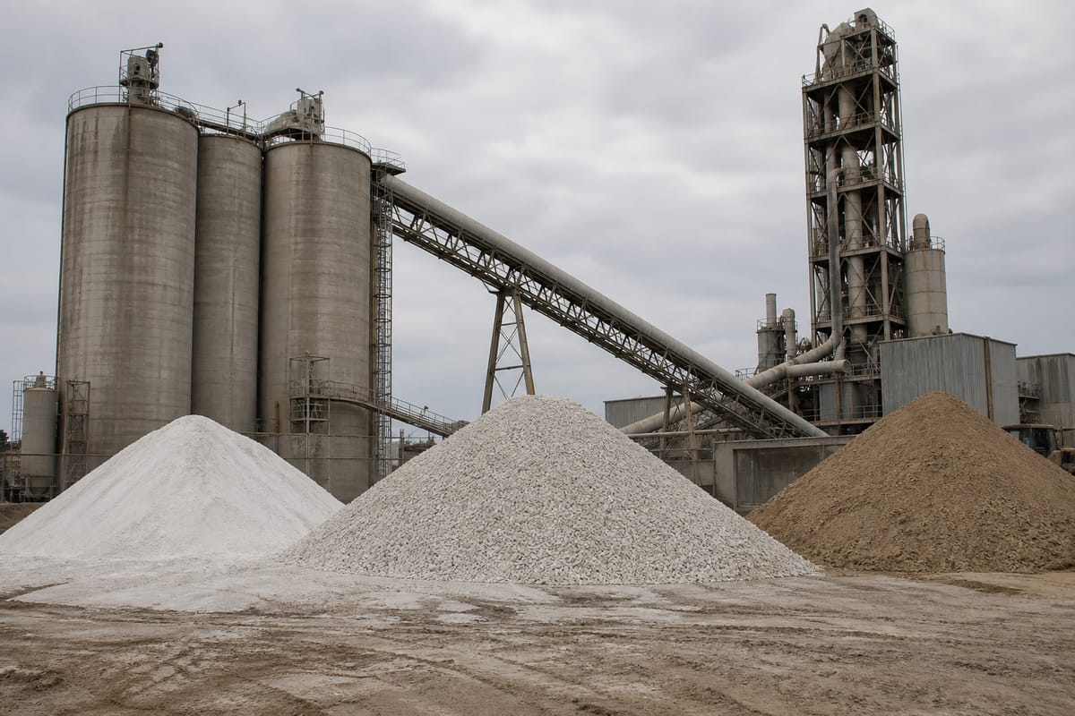 Cement plant with piles of pale powder, crushed stone, and sand