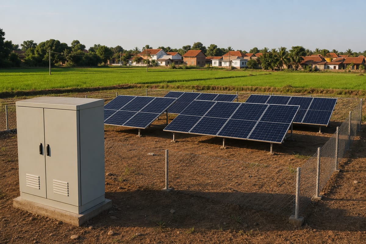 Rural solar panel arrays and a control cabinet beside a village field