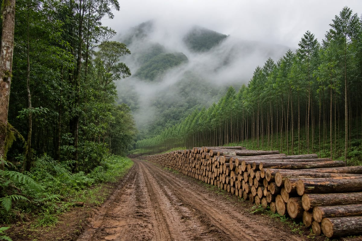 Misty forestry track with stacked logs and rows of plantation trees